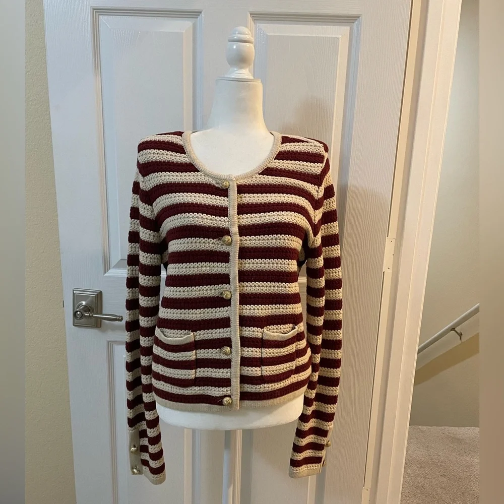 Striped Burgundy and Cream Women's Sweater - Picture 1 of 9